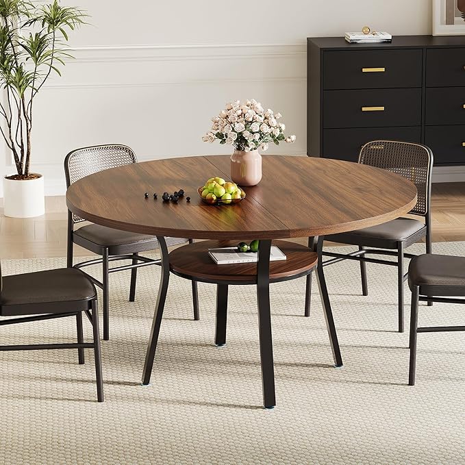 IDEALHOUSE Round Dining Table for 4-6, 47 Inch Kitchen Table with Sturdy Metal Frame, Space Saving Circle Dining Room Table for Small Space (Table Only), Walnut
