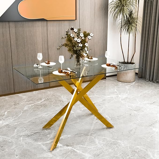 Goujxcy Glass Dining Table Set for 6, Modern Kitchen Table and Chairs Set of 6, 7-Piece Kitchen Dining Room Table Set w/51 Glass Gold Dining Table and 6 Beige Velvet Upholstered Chairs