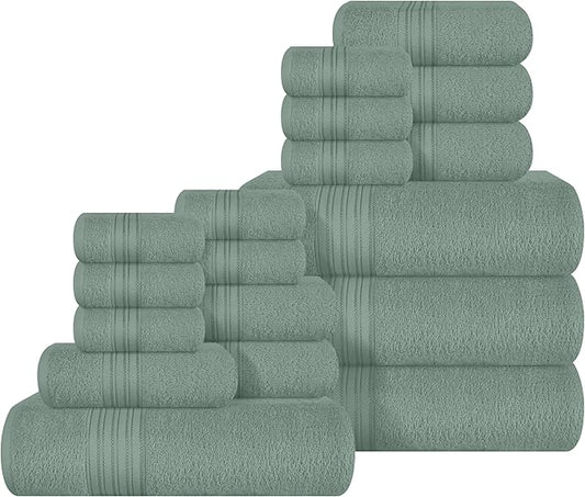 BOUTIQUO 100% Cotton Towel Set, Contains 4 Soft Bath Towel, 6 Hand Towels, 8 Wash Cloths - Compact Absorbent Lightweight & Quickdry Towels for Bathroom - 18 Piece Bathroom Towel Set - Jade