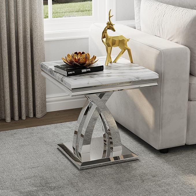 AUZ 3 Pieces Silver Living Room Table Set Modern Coffee Table Set with X-Shape Design Polished Stainless Steel Frame