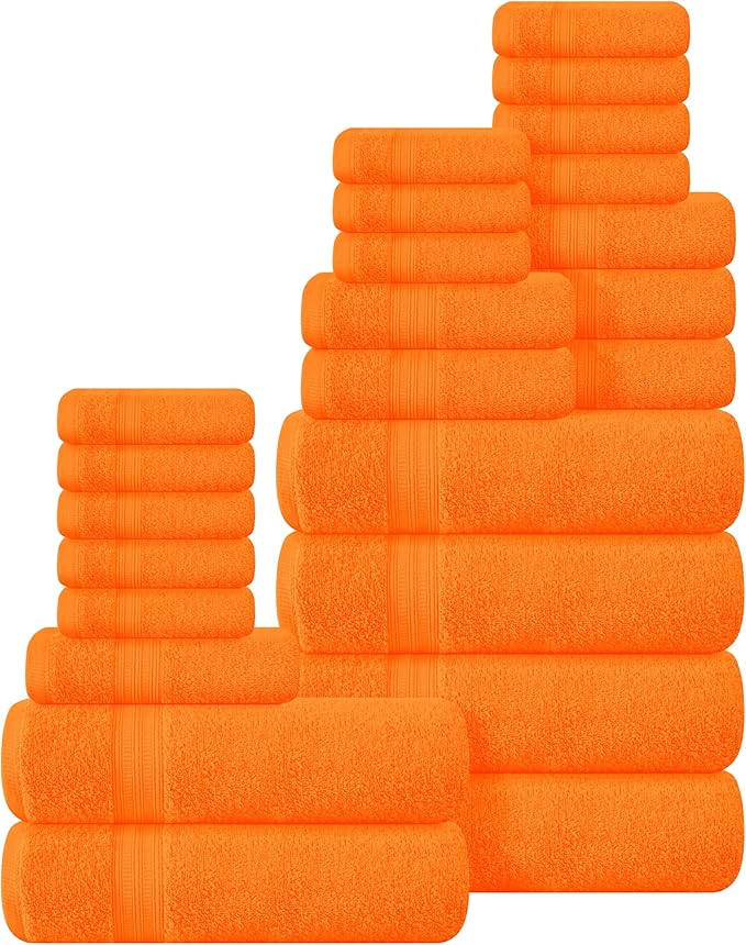 BOUTIQUO 24 Pack Cotton Towel Set, Contains 6 Bath Towels 27x54 inch, 6 Hand Towels 16x24 inch & 12 Wash Coths 12x12 inch, Ideal Everyday use, Ultra Soft Compact & Lightweight - Orange