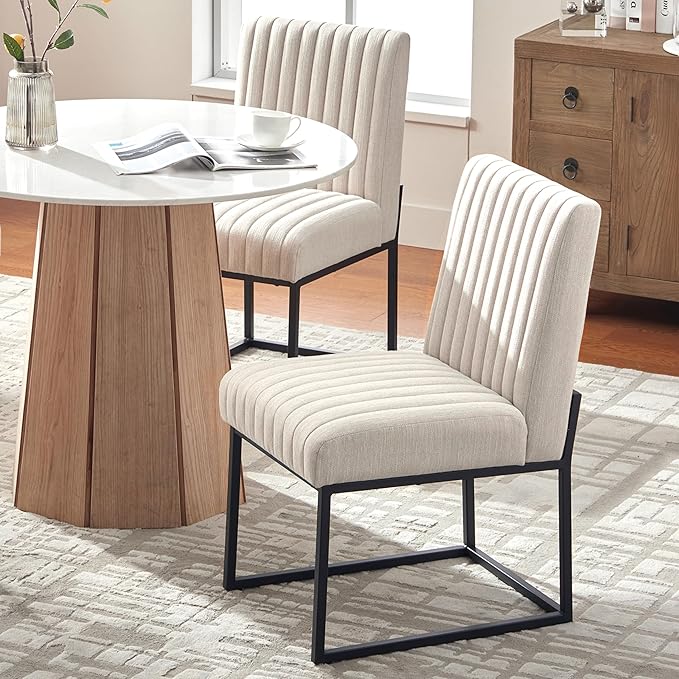 VKNOW Upholstered Dining Chairs Set of 4, Modern Dining Room Chairs with Stripe, Linen Kitchen Chair Dinner Chair with Black Metal Base for Kitchen Office, Beige