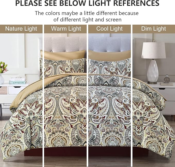 Boho Comforter Set Queen, 7 Pieces Bed in a Bag Comforter Boho Paisley Pattern Bedding Soft Microfiber Queen Size (1 Khaki Comforter, 1 Flat Sheet, 1 Fitted Sheet, 2 Pillow shams, 2 Pillowcases)