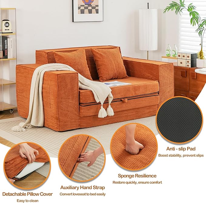 HOMREST 63" Convertible Memory Foam 3-seat Sofa, Pull Out Sleeper Sofa Bed, 2 in 1 Folding Couch Bed, Fold Out Floor Couch Corduroy Fabric with 2 Pillows for Living Room Bedroom Lounge (Brown)