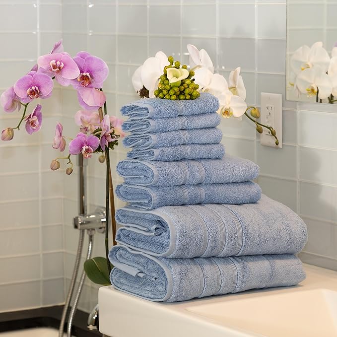 Mosobam Luxury Turkish 8pc Towel Set 30X58 16X30 13X13 Allure Blue 700 GSM Bamboo Viscose & Aegean Turkish Combed Cotton