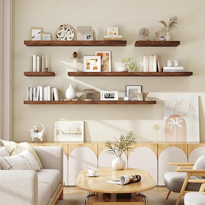 Fun Memories 72 Inch Floating Shelves for Wall, Fireplace Mantel Shelf with Invisible Heavy Duty Bracket, 8 Inch Deep Storage Shelf for Living Room, Kitchen, Farmhouse, Brown (2-Pack)