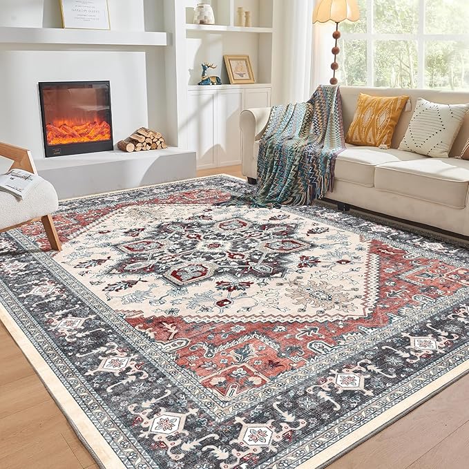OPPODREAM Thin 10x14 Area Rugs, Washable Rugs 10x14 with Non Slip Backing, Low-Pile Faux Cashmere 10 x 14 Carpet, Black & Red