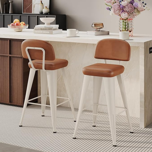 Aklaus PU Leather Metal Bar Stools 30 inch Faux Leather Bar Height Barstools Set of 2 Modern Farmhouse Bar Chairs with High Backs and Faux Leather Seat for Kitchen Island Dining Room White Brown