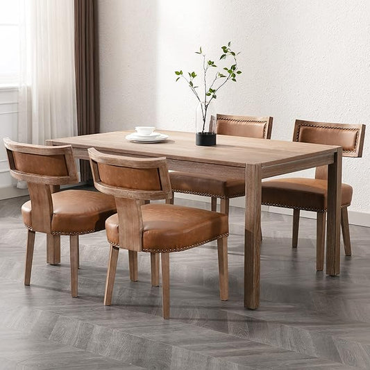 Mid Century Modern Dining Chairs Set of 4, Farmhouse Dining Chairs with Nailhead Trim, Faux Leather Upholstered Dining Room Chairs Kitchen Chairs with Wood Legs, Brown