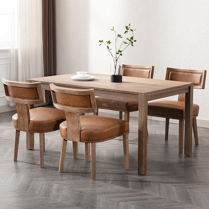 Mid Century Modern Dining Chairs Set of 2 PU Leather Upholstered Kitchen Side Chairs with Nailhead Trim, Modern Kitchen Armless Solid Wood Dining Chairs, Brown