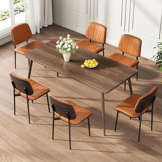 Dining Chairs Set of 6, Mid-Century Modern Upholstered PU Leather Chairs with Walnut Back and Metal Legs Adjustable Feet for Kitchen Dining Room, Orange Shell Strips