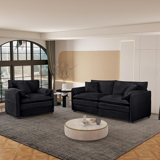 Chenille Sofa Set for Living Room, Modern Deep Seat Sofa Chair and Oversized 3-Seater Cloud Couch for Bedroom, Office, Apartment, Furniture Set