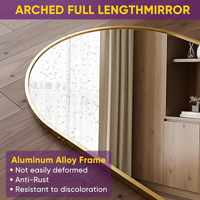 Full Length Mirror, 71"x32" Arched Floor Mirror Freestanding, Oversized Floor Standing Full Body Mirror with Stand for Bedroom, Hanging Mounted for Living Room Cloakroom, Gold