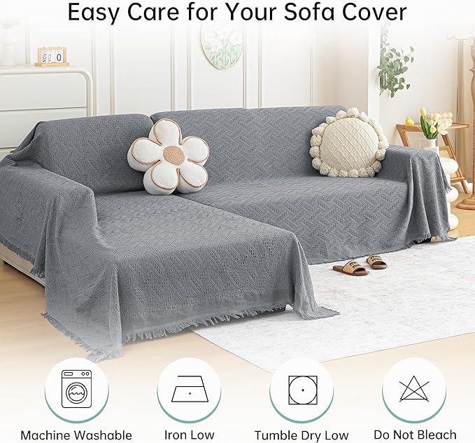 MYSKY HOME Couch Cover for Sectional Sofa, 2 Pieces Couch Covers for L Shape Sofa Geometrical Sofa Slipcovers for 2-3 Cushion Washable Throws for Pets, Kids (71"x102"+71"x118", Frost Grey)