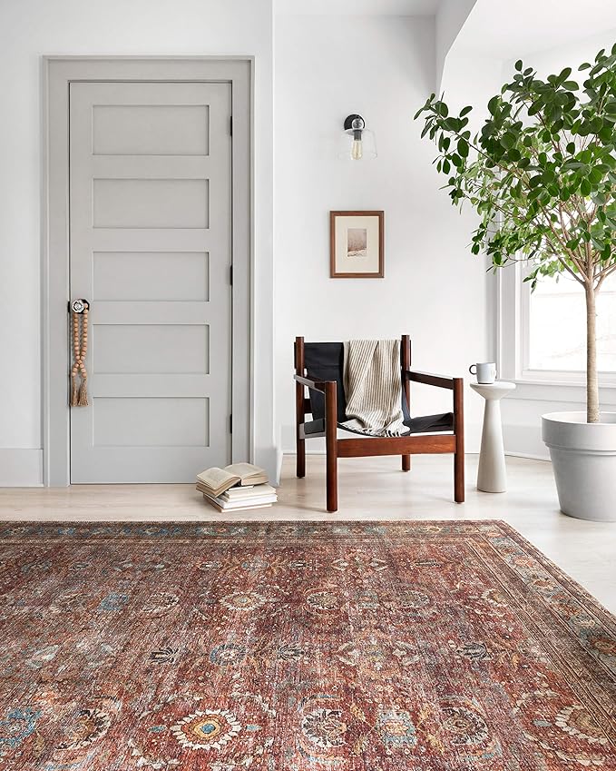 Loloi Layla Collection LAY-01 Brick/Blue 5'-0" x 7'-6" .13" Thick Area Rug, Soft, Durable, Vintage Inspired, Distressed, Low Pile, Non-Shedding, Easy Clean, Printed, Living Room Rug