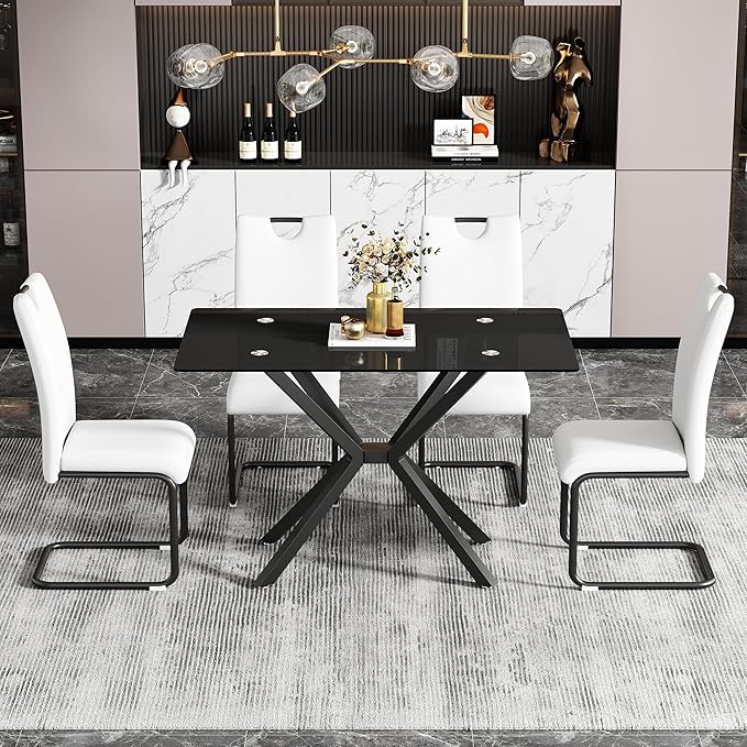 47" Tempered Glass Dining Table for 4, Modern Kitchen Table Rectangle Top, Geometric Metal Leg, for Apartment Dining Room Restaurant (All Black)