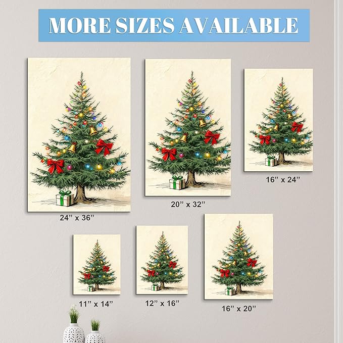 Framed Christmas Pictures Wall Decor,Vintage Pine Tree Prints,Winter Christmas Canvas Wall Art Decoration for Bedroom Bathroom Living Room Rustic Xmas Holiday Gifts (Christmas Tree 9, 24'' X 36'')