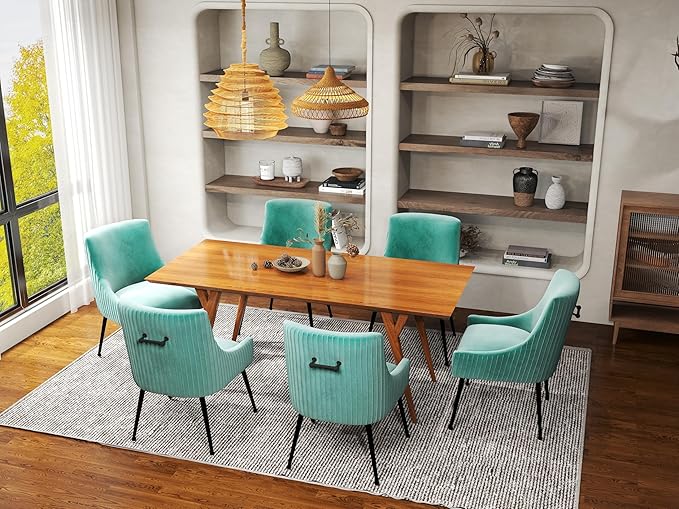 Velvet Dining Chairs Set of 6,Green Upholstered Living Room Chairs with Black Metal Legs, Modern Tufted Accent Chairs for Living Room, Study Room, Kitchen