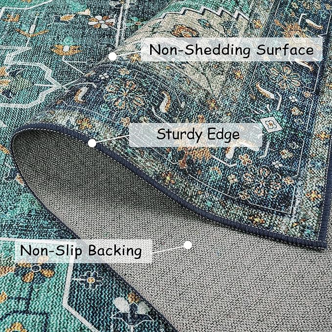 Moynesa Ultra-Thin Washable Runner Rug - 2x7 Teal Hallway Rug Runner Kitchen Carpet Runner, Non Skid Non Shedding Low Pile Bathroom Mat for Apartment Entryway Foyer Vanity RV