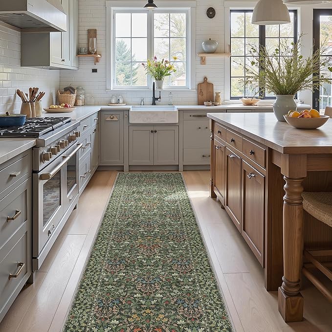GENIMO Floral Washable Runner Rug 2’6”x12’, Non-Slip Long Hallway Carpet for Entryway, Kitchen, Indoor Floor Use, Vintage Boho Soft Thin Rug Décor, Emerald Green