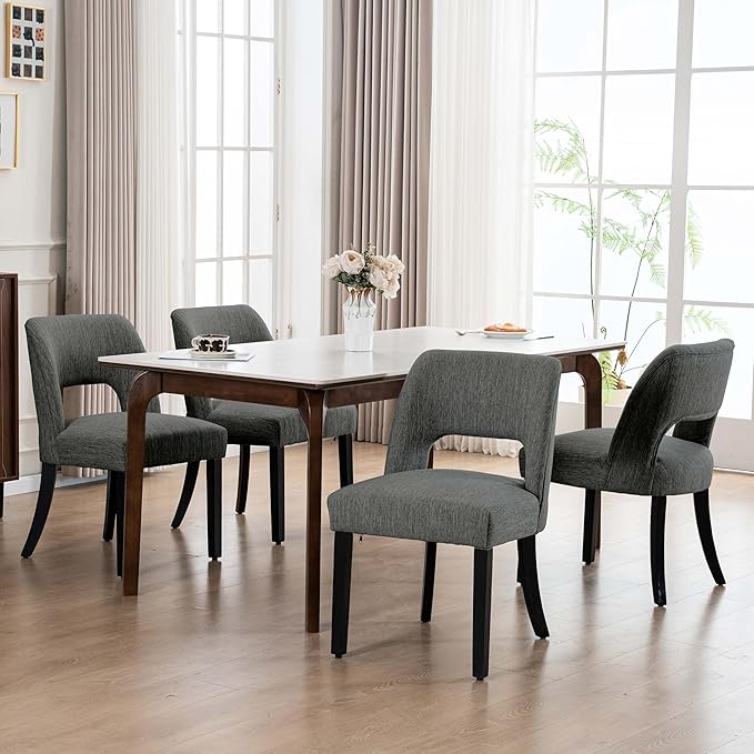VKNOW Wooden Dining Chairs Set of 4, Modern Fabric Upholstered Dining Room Chair Kitchen Chairs, Farmhouse Dinner Chair for Kitchen Dining Room, Dark Grey-Black Legs