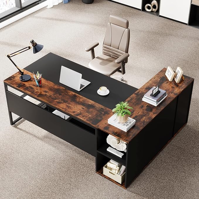 LITTLE TREE Large Computer Desk with File Cabinet, 71 inch Executive Desk L Shaped Office Desk, Business Furniture Desk Workstation for Home Office, Brown
