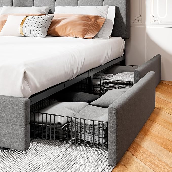 MUTICOR King Size Bed Frame with 4 Storage Drawers, Upholstered Platform Bed with Button Tufted Adjustable Headboard, No Box Spring Needed, Easy Assembly, Square Tufted, Light Grey Fabric