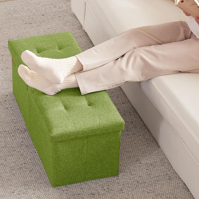HAUSFRAU 31.5 Inches Ottoman with Storage Bench, Folding Ottoman Bench Small Foot Rest Stool, Bedroom Bench with Flipping Lid, Linen Avocado