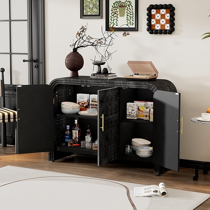 GDFStudio 47.2" Retro Curved Sideboard Storage Cabinet with Adjustable Shelves & Gold Handles, MDF Buffet Table Coffee Bars Cupboard for Living Room Dining Room Kitchen Entryway, Antique Black-2