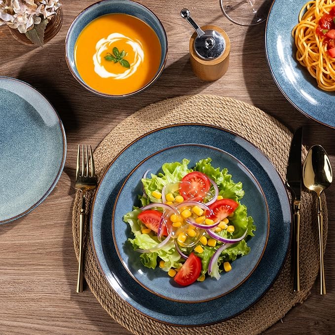 AmorArc Ceramic Dinnerware Sets for 6, 18 Pieces Handpainted Plates and Bowls Set, Scratch Resistant Stoneware Dishes Set, Dishwasher & Microwave Safe, Ceylon Blue
