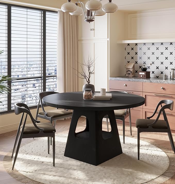 Round Dining Table for 4, Farmhouse 47 Inch Wood Dinner Tables with Storage Base for Kitchen Dining Living Room 4-6 People Gathering, Black