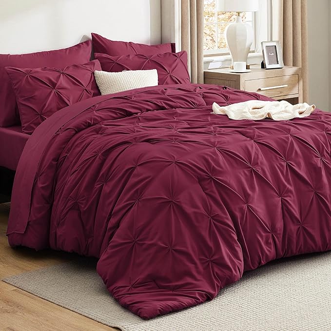 Bedsure Queen Comforter Set Burgundy - Bed in a Bag Queen Size Bedding 7 Pieces, GentleSoft™ Pintuck Bed Set Gift for Family, Pinch Pleat All Season Comforter with Sheets, Pillowcases & Shams