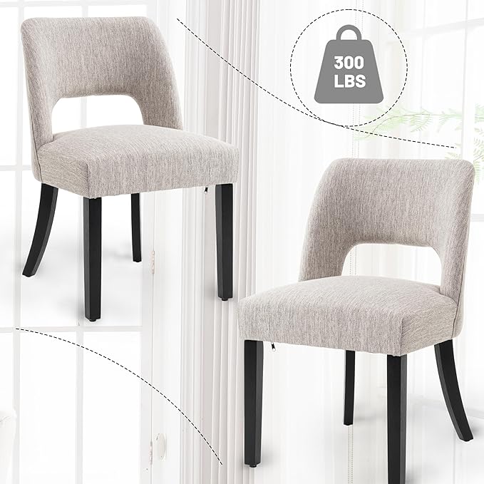 VKNOW Wooden Dining Chairs Set of 2, Modern Fabric Upholstered Dining Room Chair Kitchen Chairs, Farmhouse Dinner Chair for Kitchen Dining Room, Grey-Black Legs