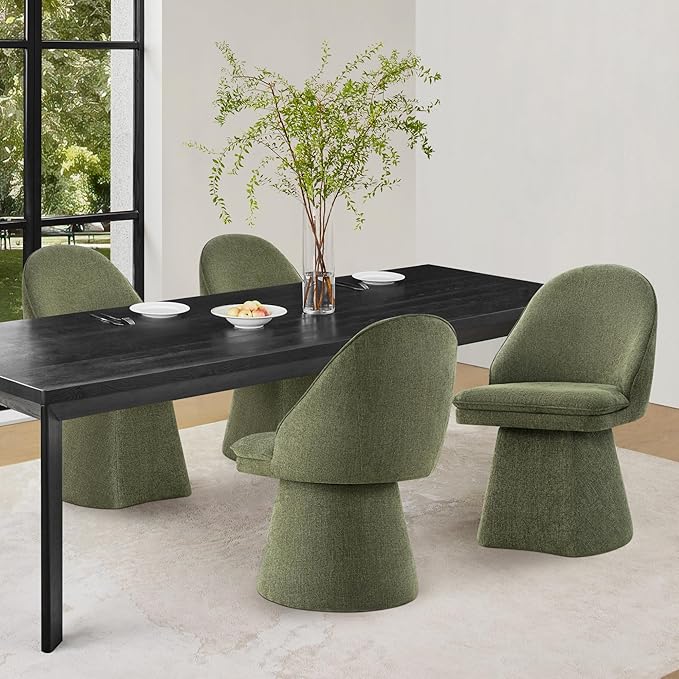 Swivel Dining Chairs Set of 1, Upholstered Mid Century Modern Deskchair with Round Back, Linen Fabric Kitchen Chairs for Dining Room, Bedroom, Dressing Room, Moss Green