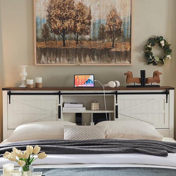 T4TREAM Farmhouse Queen Size Bed Frame w/Storage Bookcase Headboard, Sliding Barn Door, Charging Station, Rustic Wood Platform Bed w/Wood Slats Support, No Box Spring Needed, Antique White