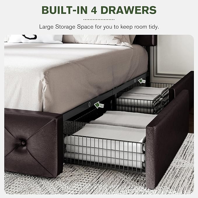 MUTICOR Queen Size Bed Frame with 4 Storage Drawers, Upholstered Platform Bed with Button Tufted Adjustable Headboard, No Box Spring Needed, Easy Assembly, Diamond Tufted, Brown Leather