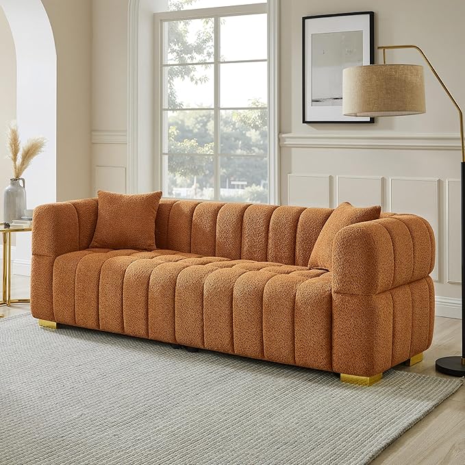 VANOMi Sofa and Chair Set, Modern Deep Seat Couch & Boucle Sofa Chairs, Oversized Upholstered Couch Sets for Living Room, Bedroom, Office, Apartment, Curry (3 Pieces)