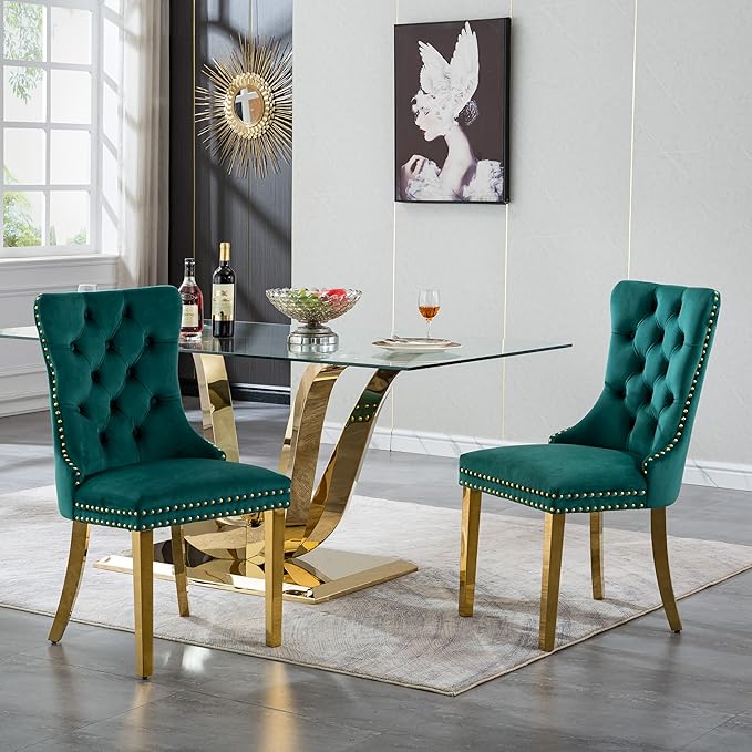 70" Modern Gold Glass Dining Table Set for 4, 5-Piece Rectangle Kitchen Dining Room Table Set with Steel Base & 4 Green Velvet Upholstered Chairs, Modern Glass Kitchen Table and Chairs Set of 4