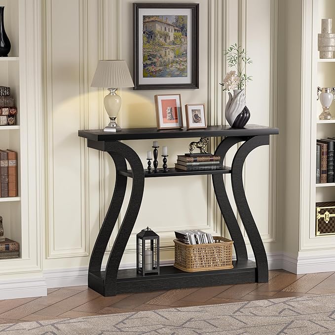Wooden Console Table with Curved Legs and Shelf, 3-Tier Modern Accent Sofa Table for Entrance Area, Living Room, Hallway, 47 in Wide (Black)