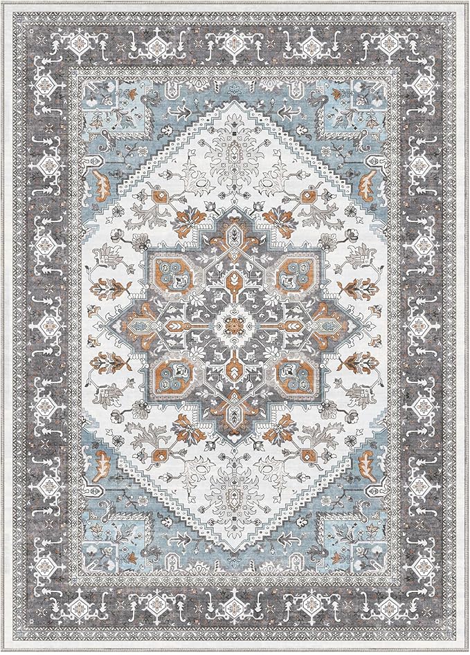 OPPODREAM Thin Area Rugs 4x6, Low-Pile Washable Rugs 4x6 with Non Slip Backing, Faux Cashmere 4 x 6 Throw Carpet, Grey & Teal & Yellow