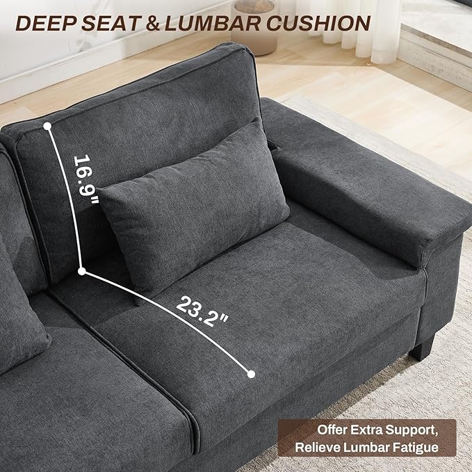 3 Seater Couch for Living Room, 79'' Comfy Deep Seat Sofa with Adjustable Armrests & USB/Type-C Charging Ports, Mid Century Modern Couch for Bedroom, Home Office,Gray