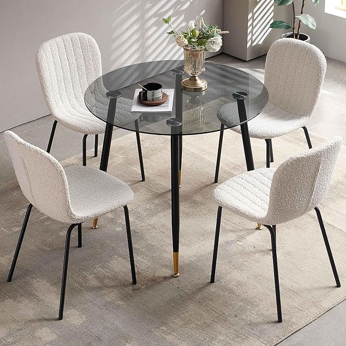 Dining Chair Upholstered Set of 4, Modern Home Kitchen Chairs Boucle Tufted Living Room Chairs with Backrest, Comfy Side Chair with Black Metal Legs