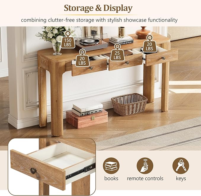Merax 52" Console Table with 3 Drawers, Rustic Entryway Table with Curved Corners, Narrow Long Sofa Table for Living Room, Hallway, Entrance, Behind Couch, Foyer, Sturdy Thick Legs, Natural