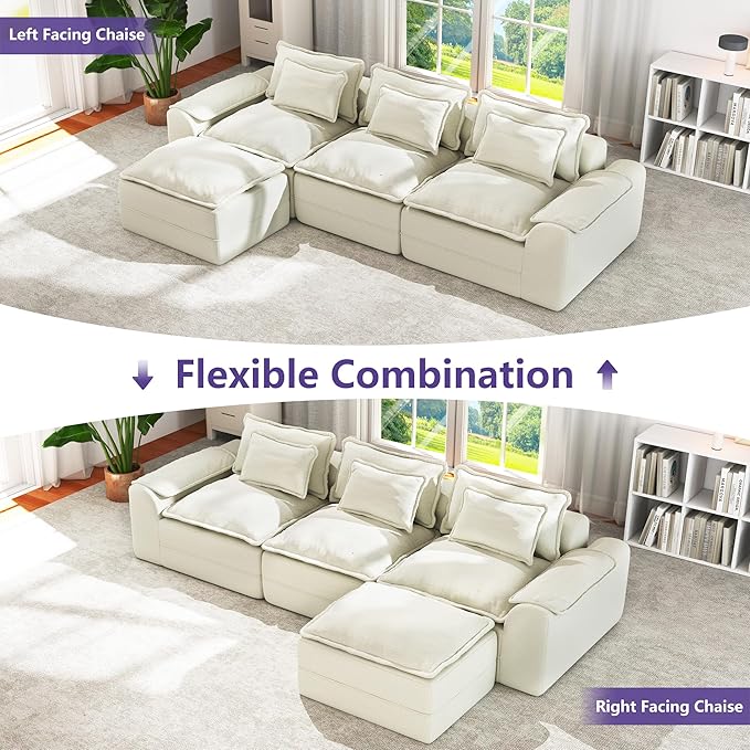 Hobestluk 120" Cloud Sectional Couch 3-Seater Sofa with Deep Seat Modular Sofa with Removable Cover Large Sofa Couch for Living Room (Beige, 3-Seater Sofa)