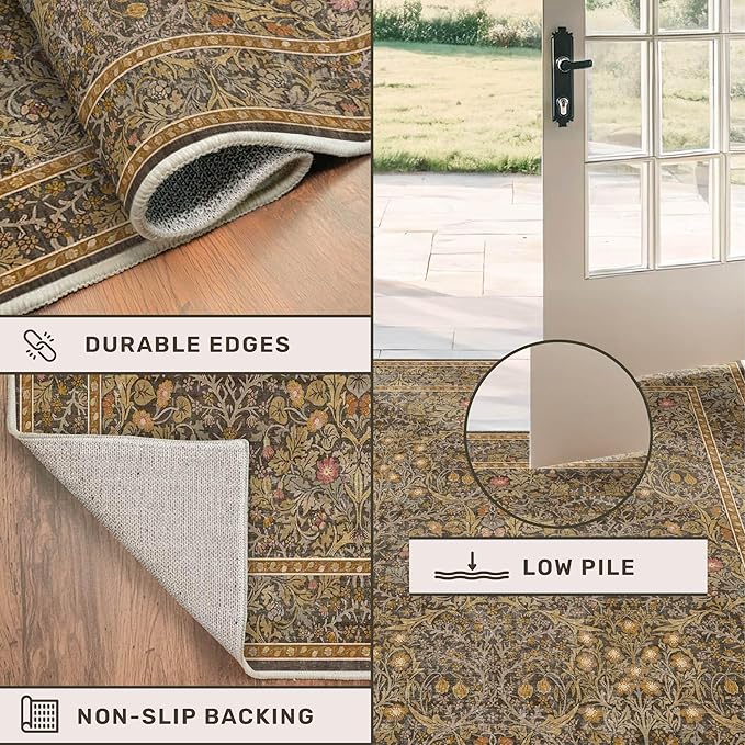 Vintage Gold Brown Entryway Rug, 3x4 Washable Area Rugs for Kitchen, Bathroom, Bedroom, Oriental Low Pile Stain Resistant Non-Slip Small Throw Rug