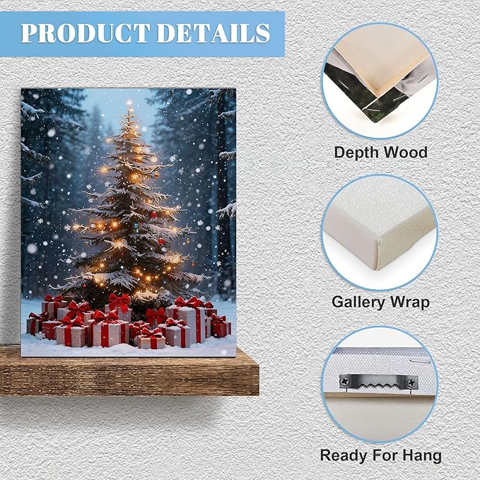Framed Christmas Pictures Wall Decor,Vintage Pine Tree Prints,Winter Christmas Canvas Wall Art Decoration for Bedroom Bathroom Living Room Rustic Xmas Holiday Gifts (Christmas Tree 14, 12'' X 16'')