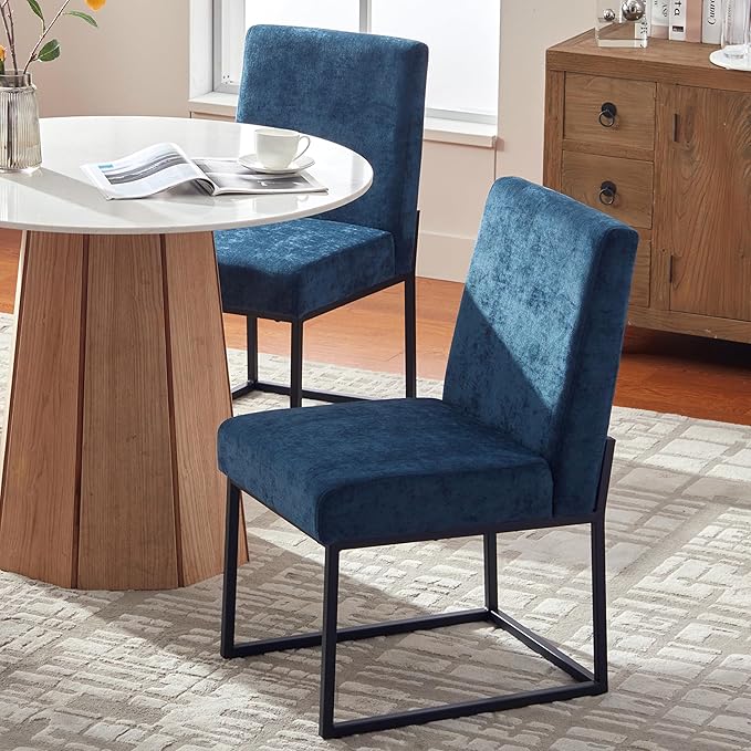 VKNOW Upholstered Dining Chairs Set of 4, Modern Dining Room Chairs, Linen Kitchen Chair Dinner Chair with Black Metal Base for Kitchen Office, Blue-Unstriped