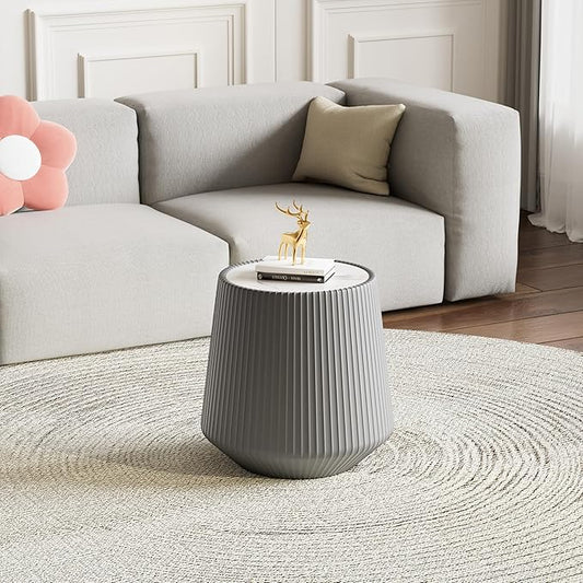 Grey Round Coffee Table with Sintered Stone Tabletop, 17.71" Drum Coffee Table with Fluted PU Leather Covered and Stable Base, Circle Cocktail Tea Table for Living Room