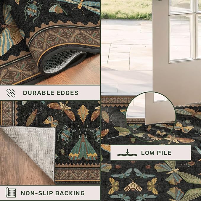 Black Insect 2'6"x10' Washable Extra Long Runner Rugs for Hallways, Non Skid Stain Resistant Wide Rug Runners for Kitchen, Entryway, Dark Floral Boho Butterfly Pattern Indoor Decor