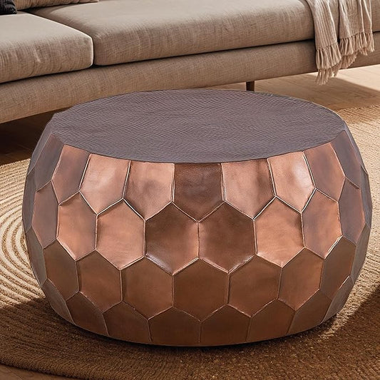 CT101 Modern Contemporary Round Aluminum Material 32" Coffee Table, Farmhouse Table with Glossy Diamond-Patterned Base Antique Copper